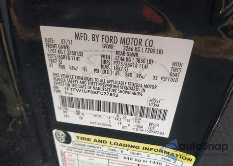 2011 Ford F-150 Lariat from USA, damaged, VIN 1FTFW1EF8BFC37802